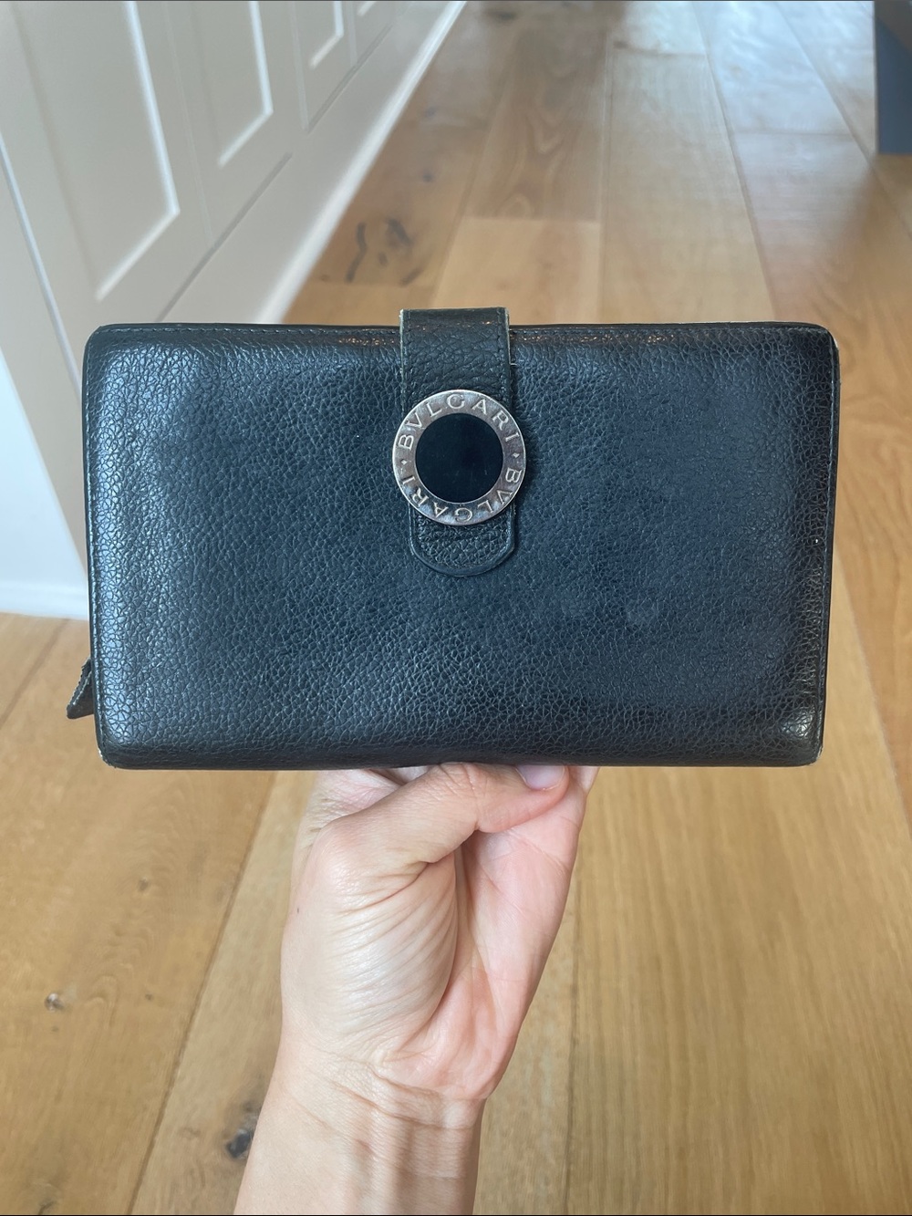 Bulgari Black Leather Continental Wallet with Silver Logo Ring